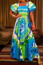 Turquoise Elegant Print Patchwork Square Collar A Line Dresses