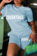 Light Blue Casual Letter Print Basic O Neck Short Sleeve Two Pieces