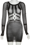 Black Sexy Solid See-through Mesh O Neck Pencil Skirt Dresses