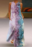Powder Blue Casual Print Patchwork V Neck Straight Dresses