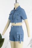 Blue Casual Solid Patchwork Pocket Buckle Turndown Collar Short Sleeve Two Pieces