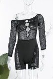 White Sexy Solid Hollowed Out Patchwork See-through Pearl Oblique Collar Skinny Jumpsuits