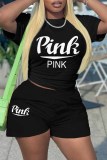 Red Casual Print Letter O Neck Short Sleeve Two Pieces