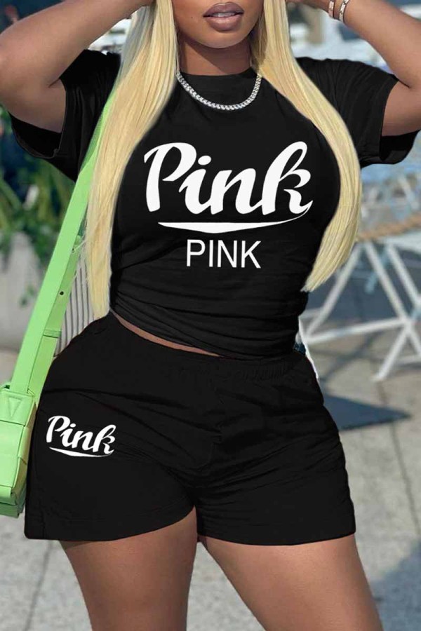 Black Casual Print Letter O Neck Short Sleeve Two Pieces