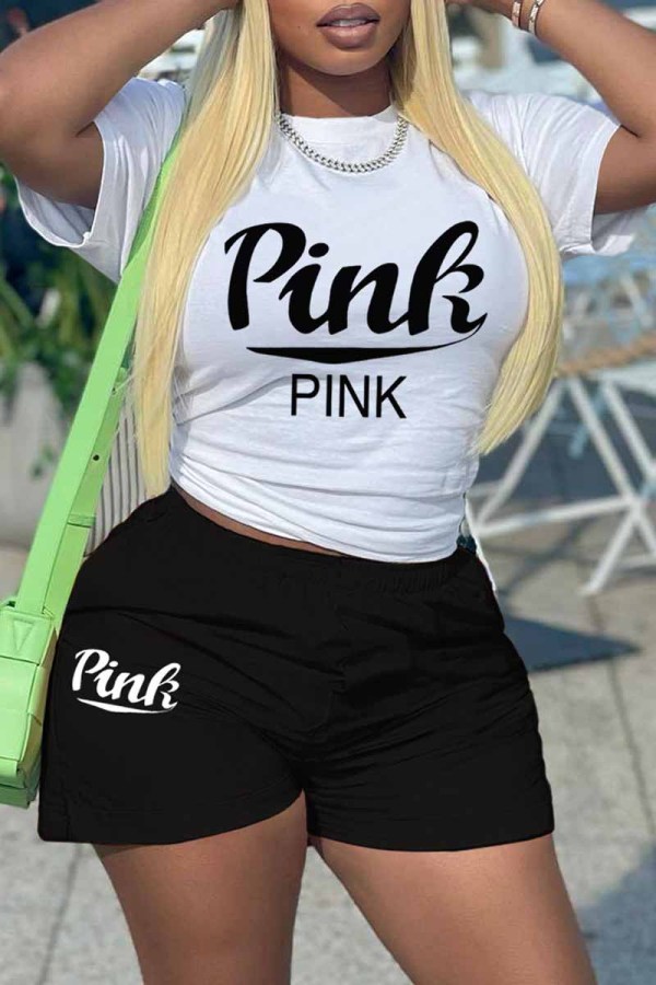 White Casual Print Letter O Neck Short Sleeve Two Pieces