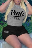 Red Casual Print Letter O Neck Short Sleeve Two Pieces