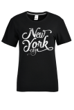 Black Casual Vintage Print Patchwork Letter O Neck T-Shirts