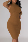 Rose Red Sexy Solid Bandage Patchwork Backless Half A Turtleneck Pencil Skirt Dresses