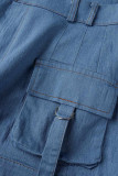 Blue Casual Solid Patchwork Pocket Buckle Turndown Collar Short Sleeve Two Pieces
