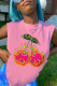 Pink Street Print Patchwork Slit O Neck Tops