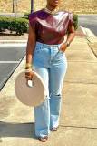 Burgundy Casual Solid Patchwork O Neck T-Shirts