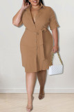 Dark Apricot Casual Solid Patchwork Buckle Turndown Collar Straight Plus Size Dresses