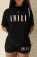 Black Casual Print Letter O Neck Short Sleeve Two Pieces