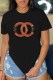 Black Casual Print Letter O Neck T-Shirts