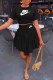 Black Elegant Print Fold Letter O Neck Short Sleeve Two Pieces