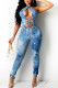 Lake Blue Sexy Print Hollowed Out Patchwork Frenulum Halter Skinny Jumpsuits