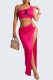 Rose Red Sexy Print Slit One Shoulder Irregular Dress Dresses