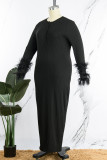 White Sexy Solid Feathers Basic O Neck Long Sleeve Dresses