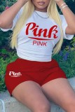 Red Casual Print Letter O Neck Short Sleeve Two Pieces