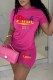 Rose Red Casual Print Letter O Neck Short Sleeve Two Pieces