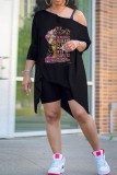 Black Gold Casual Print Asymmetrical Oblique Collar Long Sleeve Two Pieces