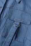 Blue Casual Solid Patchwork Pocket Buckle Turndown Collar Short Sleeve Two Pieces
