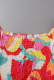 Red Sweet Print Patchwork Square Collar A Line Dresses