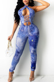 Lake Blue Sexy Print Hollowed Out Patchwork Frenulum Halter Skinny Jumpsuits