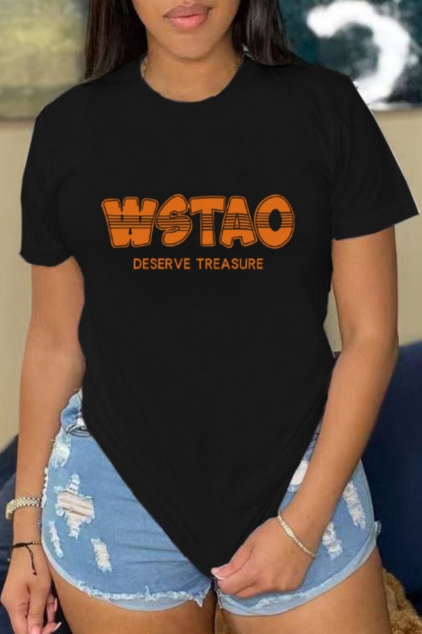 Black Casual Letter Print Basic O Neck T-Shirts