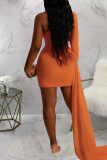 Tangerine Red Sexy Solid Patchwork Feathers Asymmetrical Oblique Collar Pencil Skirt Dresses