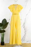 Yellow Elegant Solid Patchwork Fold With Belt V Neck Straight Jumpsuits