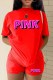 Red Casual Print Letter O Neck Short Sleeve Two Pieces