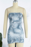 Blue Sexy Street Print Patchwork Strapless Pencil Skirt Dresses