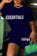 Deep Blue Casual Letter Print Basic O Neck Short Sleeve Two Pieces