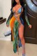 Green Sexy Print Bandage Hollowed Out See-through Backless Slit Three Piece Set (Without Paddings)