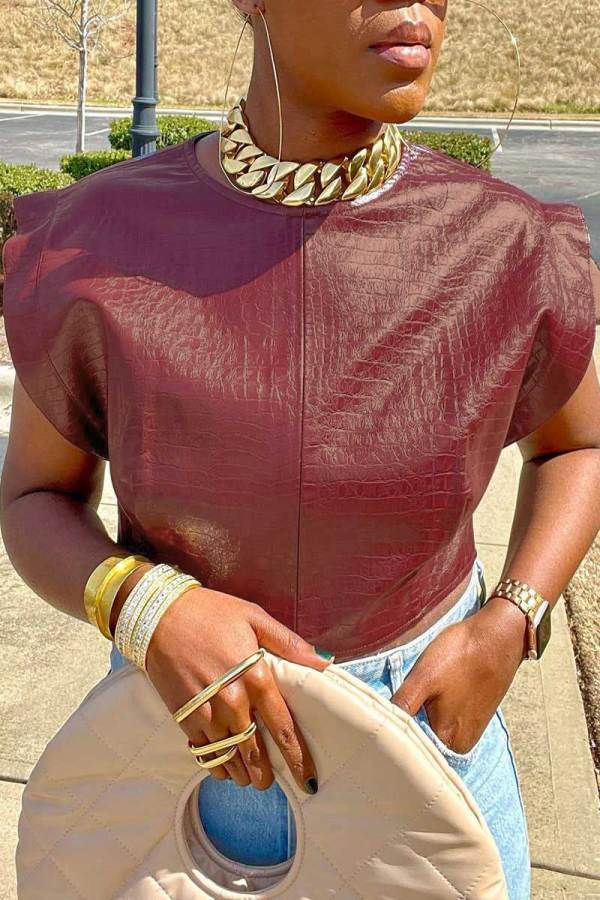 Burgundy Casual Solid Patchwork O Neck T-Shirts