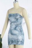 Blue Sexy Street Print Patchwork Strapless Pencil Skirt Dresses