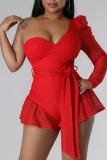 Rose Red Sexy Casual Solid Patchwork Backless One Shoulder Regular Romper