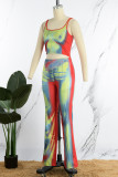 Blue Street Print Patchwork U Neck Sleeveless Two Pieces