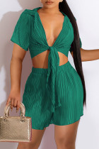 Green Sexy Street Solid Bandage Patchwork Fold Short Sleeve Two Pieces