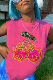 Pink Street Print Patchwork Slit O Neck Tops