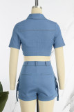 Blue Casual Solid Patchwork Pocket Buckle Turndown Collar Short Sleeve Two Pieces