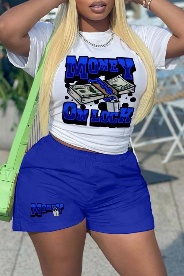 White Blue Casual Daily Print Basic O Neck Short Sleeve Two Pieces