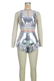 Silver Sexy Solid Patchwork Fold U Neck Two Pieces