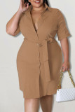 Orange Casual Solid Patchwork Buckle Turndown Collar Straight Plus Size Dresses