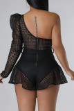 Rose Red Sexy Casual Solid Patchwork Backless One Shoulder Regular Romper