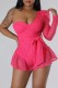 Rose Red Sexy Casual Solid Patchwork Backless One Shoulder Regular Romper