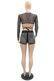Black Sexy Patchwork Hot Drilling Frenulum See-through O Neck Long Sleeve Two Pieces
