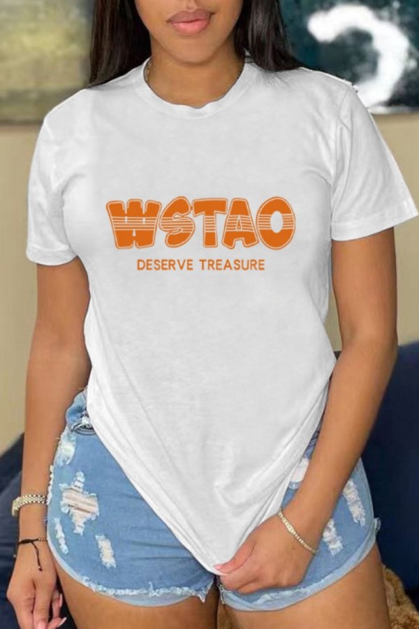 White Casual Letter Print Basic O Neck T-Shirts