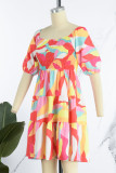 Red Sweet Print Patchwork Square Collar A Line Dresses